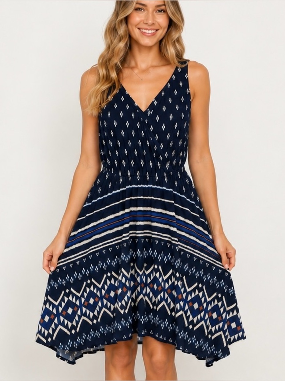 Lucky Brand Womens XS Blue Boho Sleeveless V Neck Fit Flare Sundress Aztec